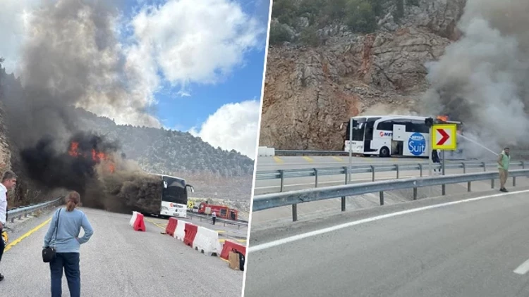 Seyir halindeki yolcu otobüsü alev aldı